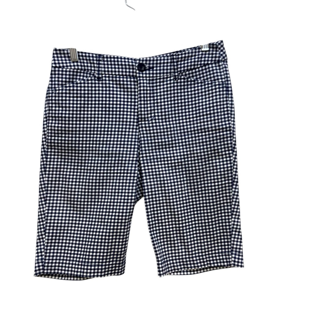 St John’s Bay Picnic Plaid High Rise Bermuda Shorts Blue White Stretch Womens 4